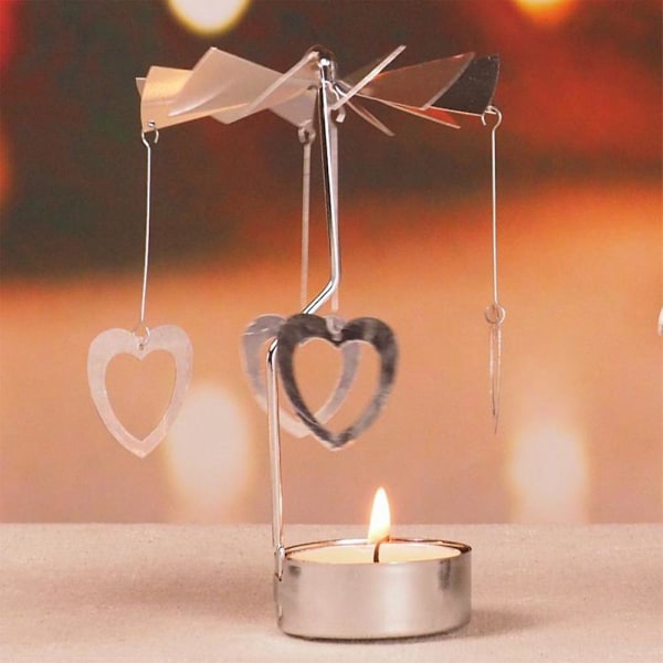 Roterande Spinning värmeljus Ljusstake Hållare Carousel Decor -ES Heart Silver