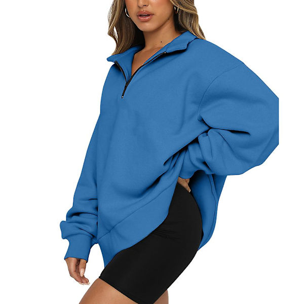 Kvinder Casual Toppe Sweatshirts Løs Langærmet Plain Pullover Blue L