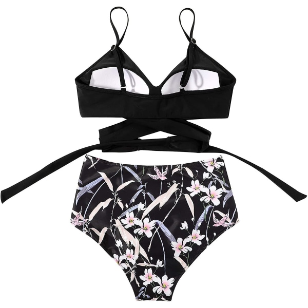 Dam Bikinitop med Korsband, Push-Up, Magkontroll, Halter, Högmidjad Bikini, Tvådelad Baddräkt Black Floral-1 Large