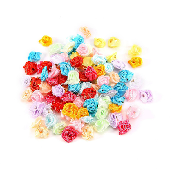 100 stk/parti Mini Håndlavet Satin Rose Ribbon Rosetter Stof Blomster Applikationer til Bryllupsdekoration Color mixing
