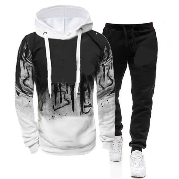 Herre Fitness Langermet hette Genser+langbukser Sports Sweatshirt Outfit Set White 3XL