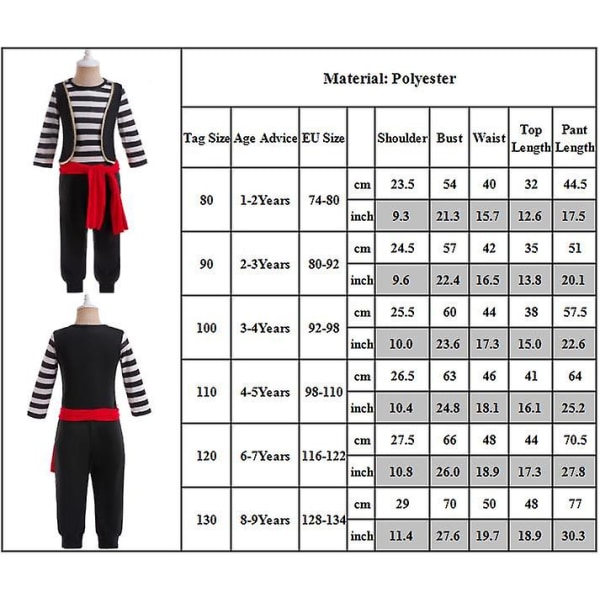 1-9-vuotiaiden lasten merirosvo-asu, yläosa + housut + vyö, Halloween-juhlapukeutumissetti, hieno pukulahja 8-9 Years