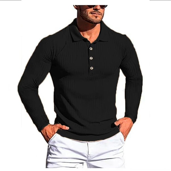 Miesten pitkähihainen poolopaita Urheilu Casual Business Shirt Topit Black 2XL