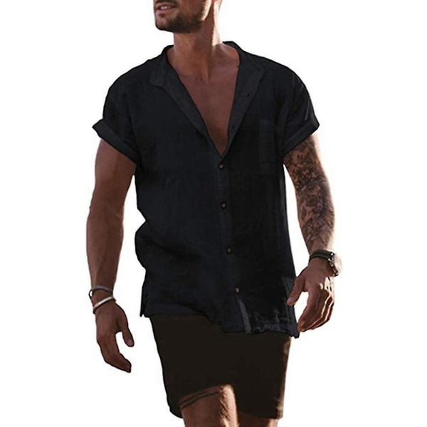 Herr kortärmade skjortor Sommar Casual Button Up Toppar med ficka Black 3XL