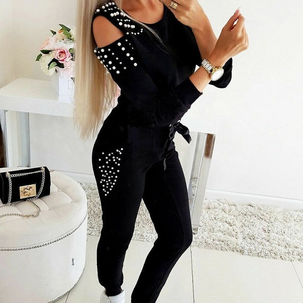 Kvinner Langermet Cold Shoulder Loungewear Joggebukser 2-delt sweatshirt antrekk sett Black XL