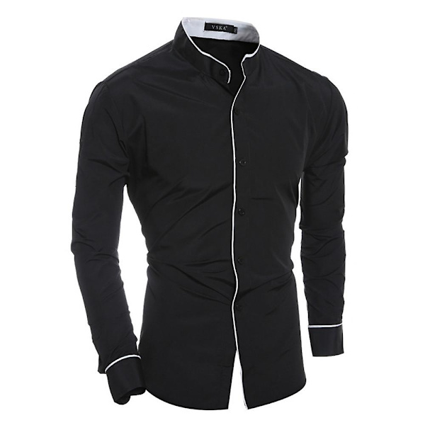 Hvit skjorte for menn med stand-up krage, lang erme, casual og forretningsbruk Black 2XL