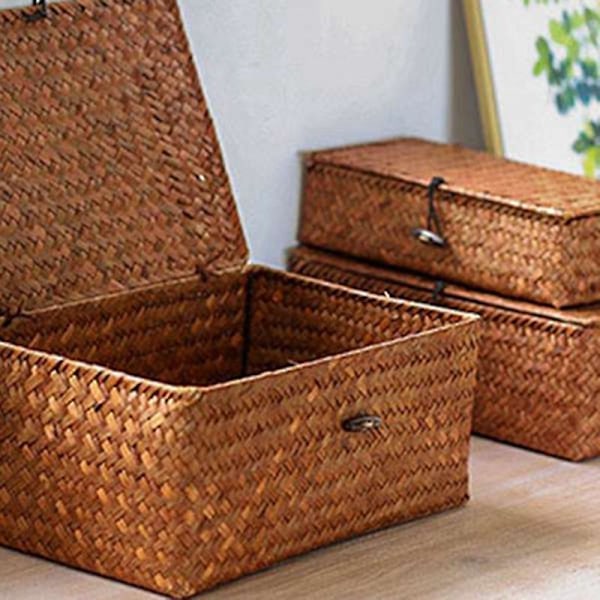 Vävda Halmkorgen med Lock - Set om 4 - Rektangulär Sjögräs Korg/ Korg för Hylla Organiserare