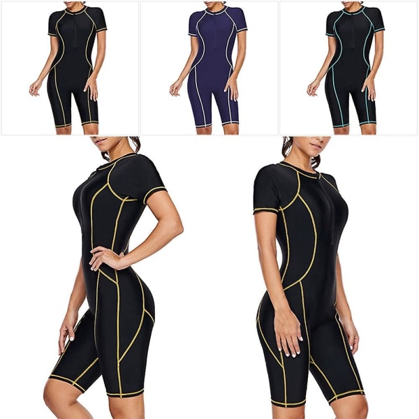 Badedrakt i ett stykke for kvinner Langermet Rash Guard Dame våtdrakt Atletisk badedrakt Surfing Dykking Glidelås foran Badetøy Svømmekostyme Tangrui Black Blue Short Sleeve S