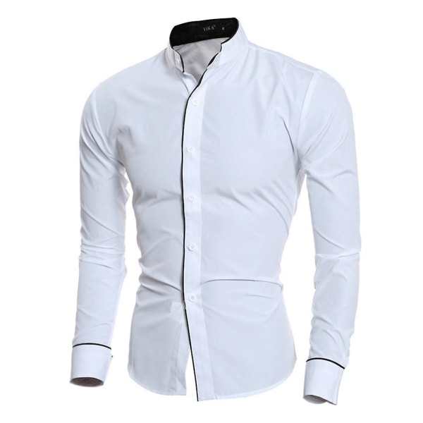 Solid Casual Stand Neck Långärmad Skjorta Business Toppar White 2XL