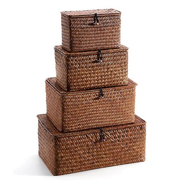 Vävda Halmkorgen med Lock - Set om 4 - Rektangulär Sjögräs Korg/ Korg för Hylla Organiserare