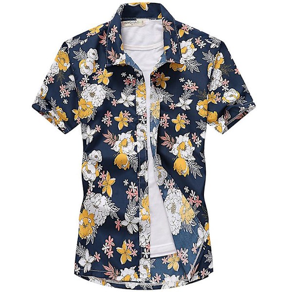 Menn Hawaiisk Strandskjorte Korte Ermer Knappestopp Topper Blue XL