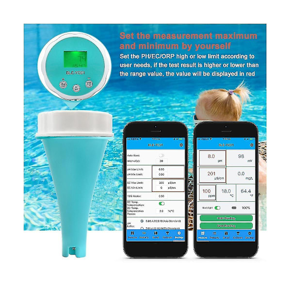 6 i 1 vattenkvalitetsdetektor Smart Online Bluetooth vattenklormätare Ph Meter-drivet verktyg kompatibelt med swimmingpool -HG As Shown