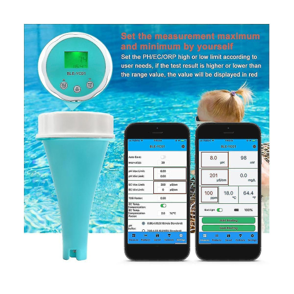 6 In1 vedenlaadun ilmaisin Smart Online Bluetooth vesikloorimittari Ph-mittarilla toimiva työkalu, joka on yhteensopiva uima-altaan kanssa -HG As Shown