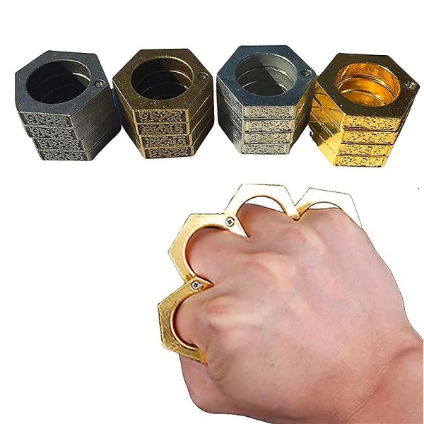 Sekskantet Retro Magisk Ring Personlig 4-fingers Ring Multifunksjonell Utendørs Klatring Nød Bronze Hexagon