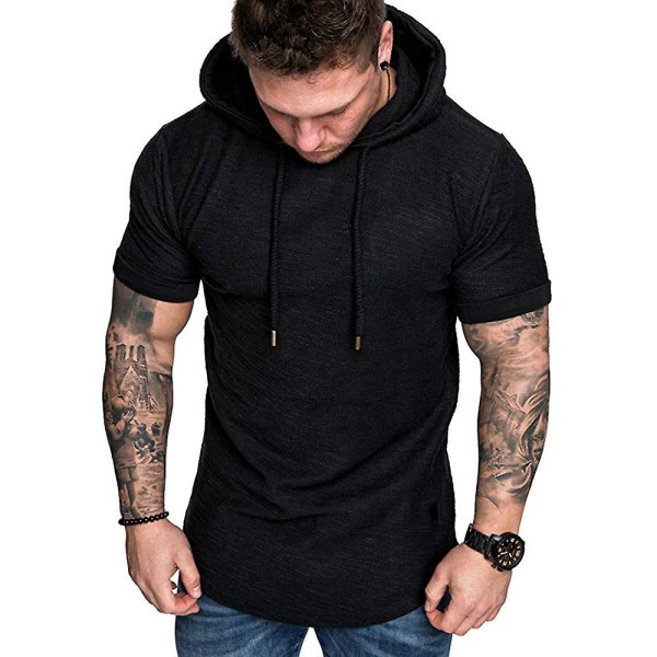 Herr Enfärgad kortärmad huva T-shirt Sommar Casual Sport Hoodies Toppar Black XL