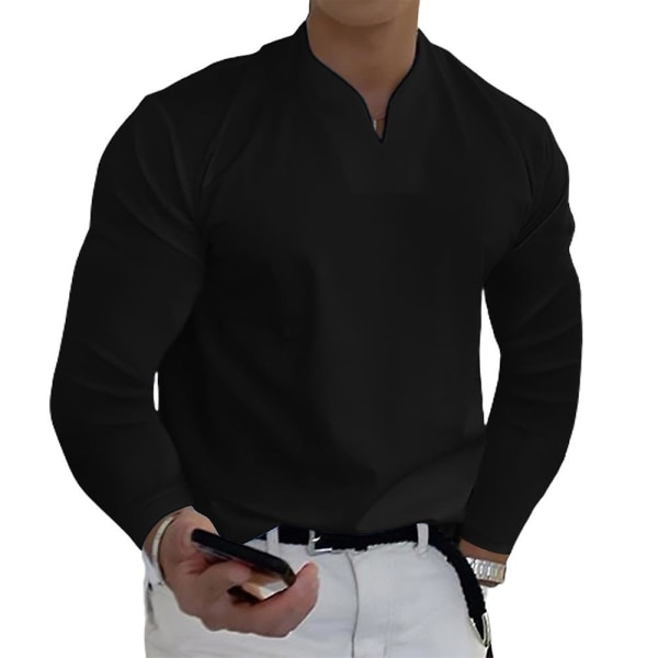 Miesten V-kaula Solid T-paita Casual pitkähihaiset topit Black XL