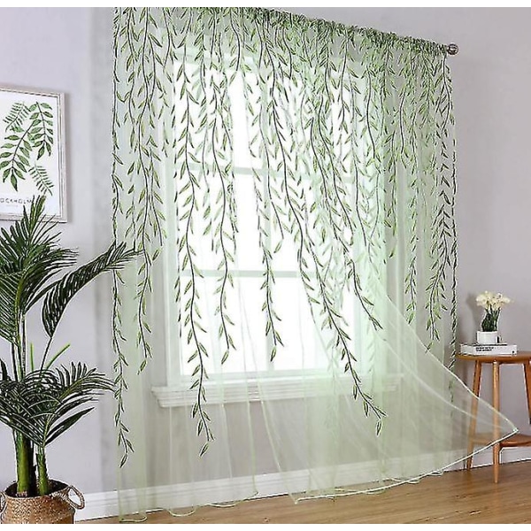 Green Sheer Window Gardiner- Willow Leaves Print Voile Sheer Curtain green 100*200