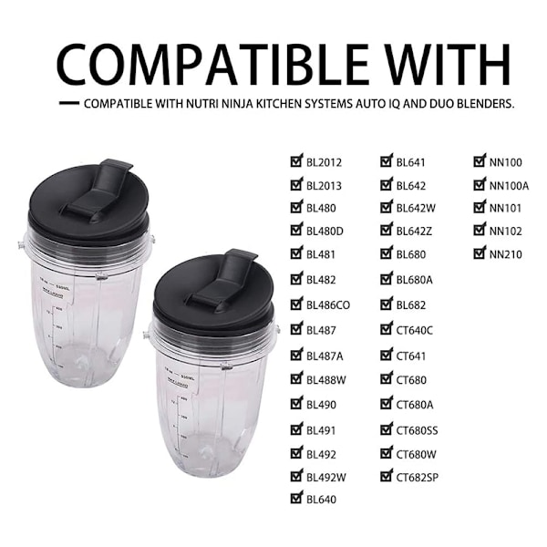2 stk. 18Oz Erstatningsbeger til Blender med Lokk for Auto IQ BL480 BL642 BL450 BL682 BL480, BL490, BL640 BL680