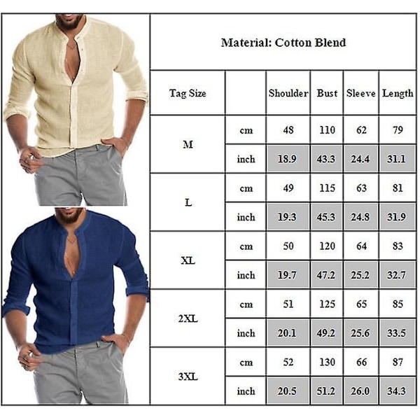 Høyhalset skjorte for menn med knapper, lange ermer, strand-casual topp Army Green M