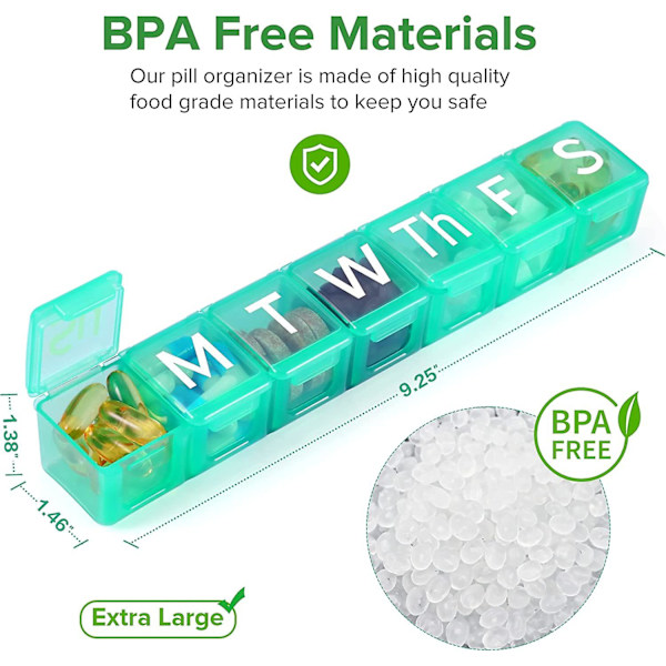 2 Pak Extra Stor Pilleorganiser til Ugen, BPA-Fri Pilleæske 7 Dage Med XL Rum Til Fiskeolie, Rejsevenlig Medicinorganiser Pilleetui Til Blue Green