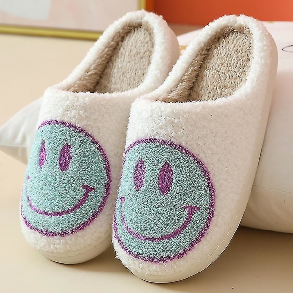 Retro Smiling Face Soft Plush Comfy Warm Slip-on Slippers Compatible With Couples Winter Warm Indoor Supply -ES 37-38 White green