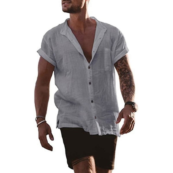 Herr kortärmade skjortor Sommar Casual Button Up Toppar med ficka Grey 3XL