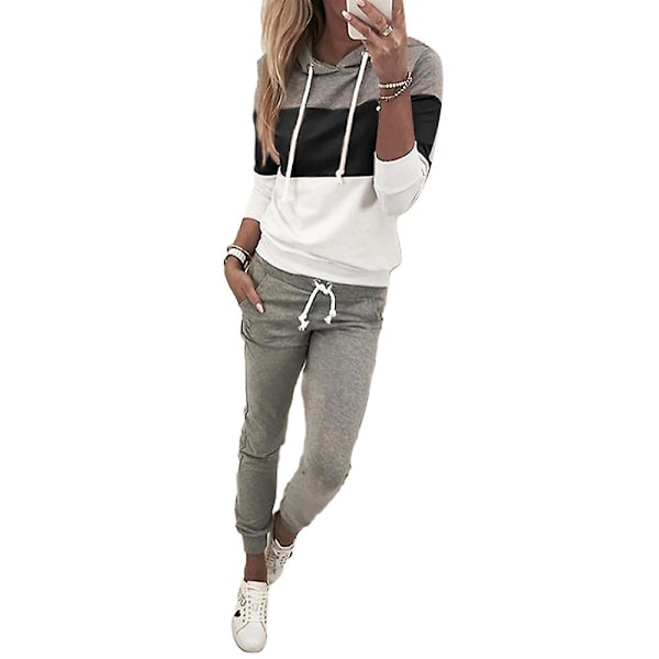 Dame Treningsdrakt med Hetter, Fargeblokk Hetter Topper + Enkle Bukser, Sports- og Treningsantrekk Black XL