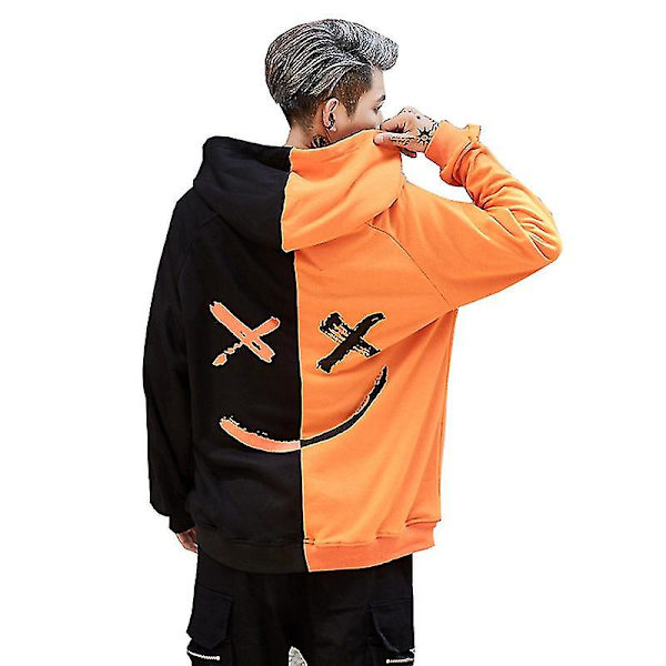 Hettegenser for menn, lang ermet, baggy, med hette Black Orange XL