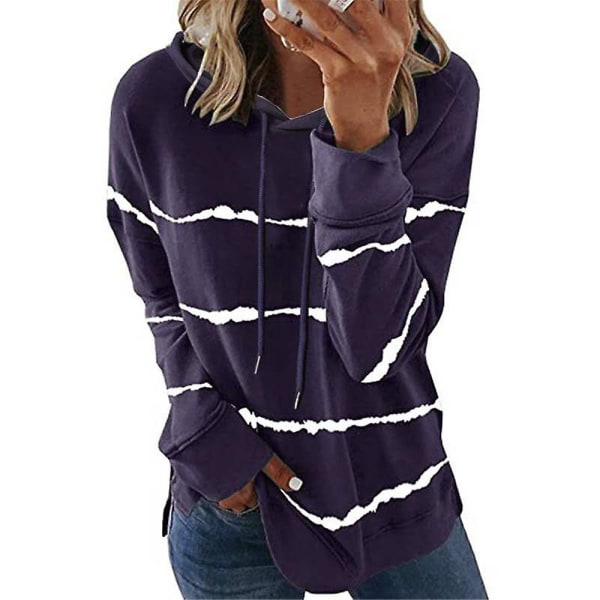 Naisten raidallinen hupullinen villapaita casual topit collegepaita löysät pitkähihaiset hupparit Purple 2XL