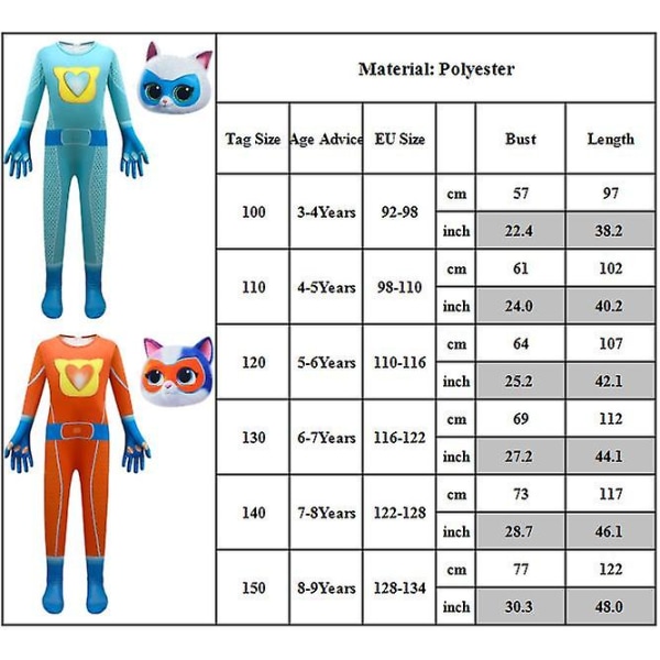 3-9 år Barn Super Kitties Cosplay Kostyme Katte Jumpsuit Maskeantrekk Halloween Party Fancy Dress Gaver-Blå 5-6Years