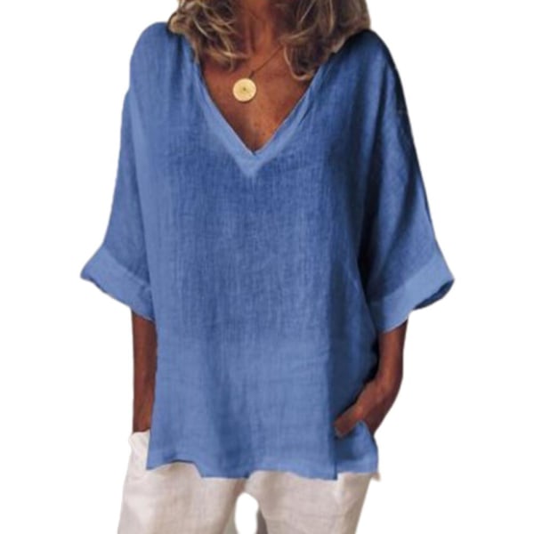 Dam T-shirt med V-ringning och Halvärme, Sommar Casual Lös Topp Blue 2XL