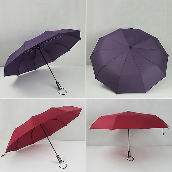Täysautomaattinen avoin, vahva runkoinen kolminkertainen kokoontaittuva suuri tuulenpitävä sateenvarjo Purple