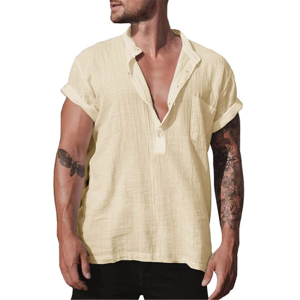 Herreoverdele almindelig kortærmet knap V-hals sommer afslappet T-shirt Beige 3XL