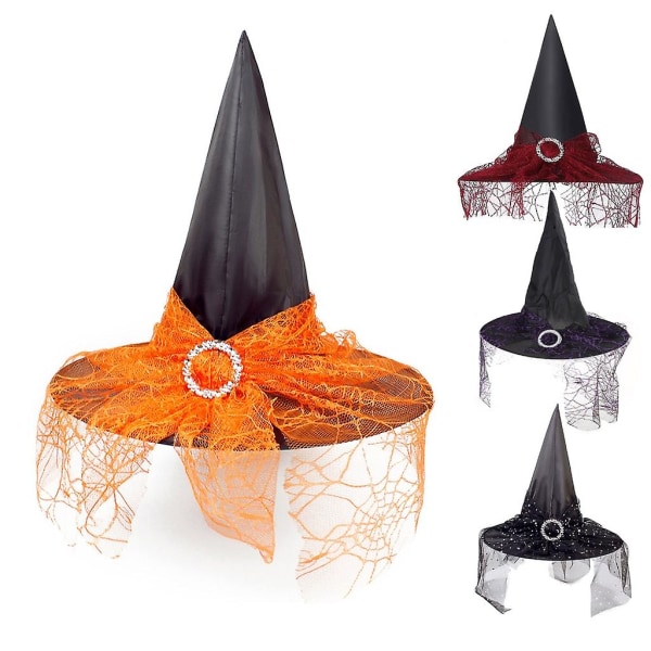 Häxhatt med Slöja Trollkarlhatt Magikerhatt Halloween Kostym Mode Solid Hatt Orange