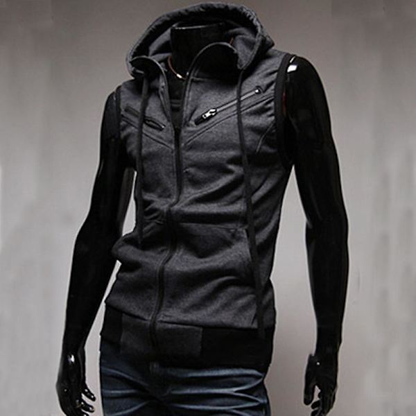 Herr sommar dragkedja hoodie väst ärmlösa huv linne Dark Grey L