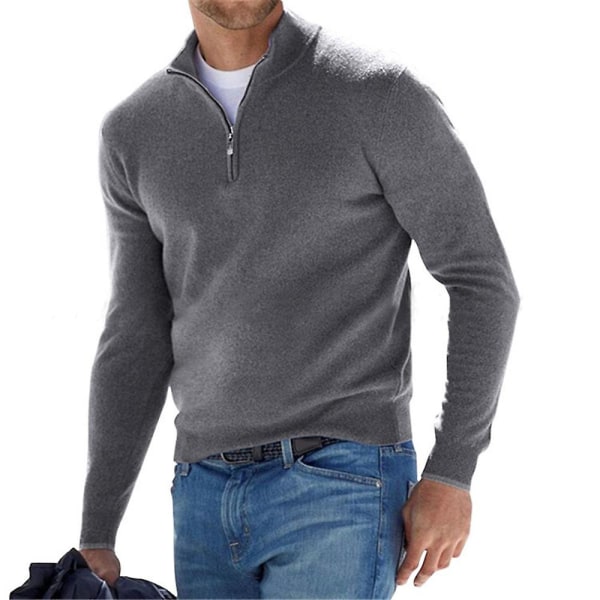 Mens Zip Stand Hals Solid Topper Uformell Høst Vinter Langermet Pullover Grey S