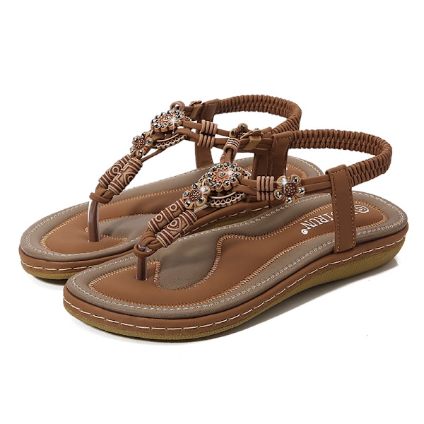 Sommarsandaler för dam 2025 Boho Chic - Vävd Platt Flip-Flop med Träpärlor Dark blue 37