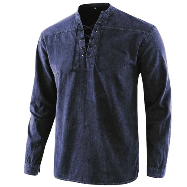 Herre vintage skjorte langærmet afslappet V-hals snørebånd Toppe Retro skjorter Navy Blue 5XL