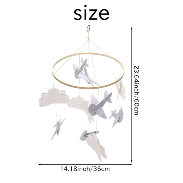 Baby Mobil fåglar och moln Filt för barnkammare Takdekoration för flickor och pojkar Grå och vit White  grey  wood