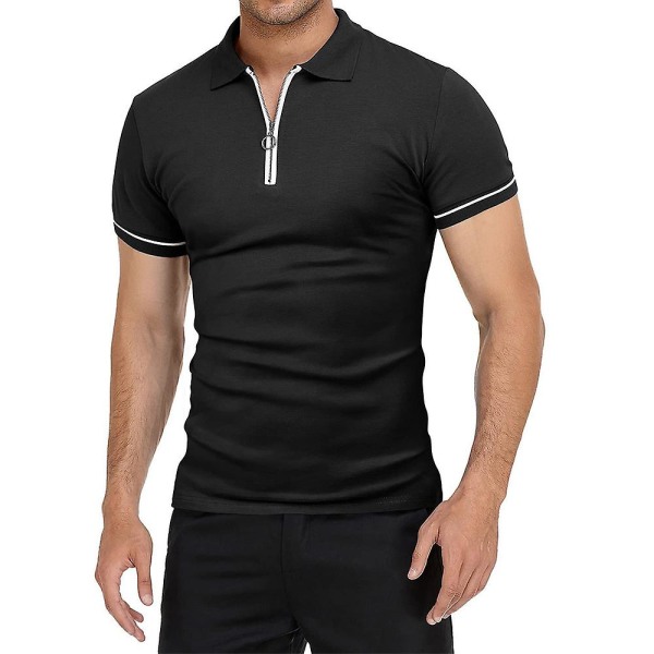 Herrtröjor med dragkedja V-hals pikétröja sommar casual golfskjortor Black M