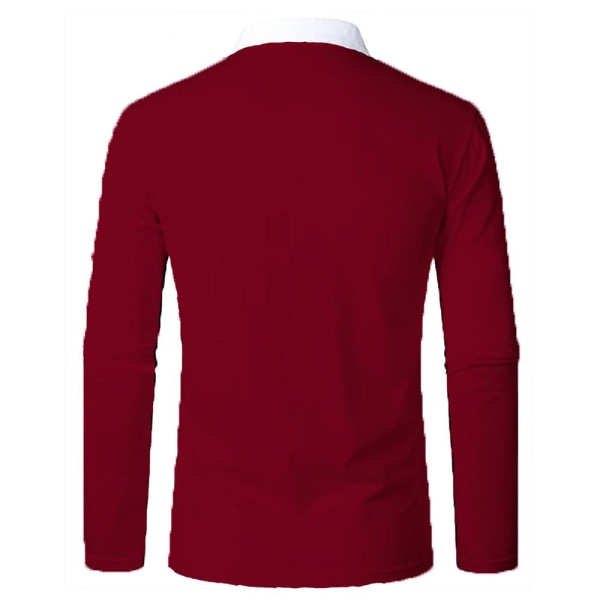 Herrar Långärmad Färgblock Casual Arbets Zip Polotröjor Wine Red 3XL