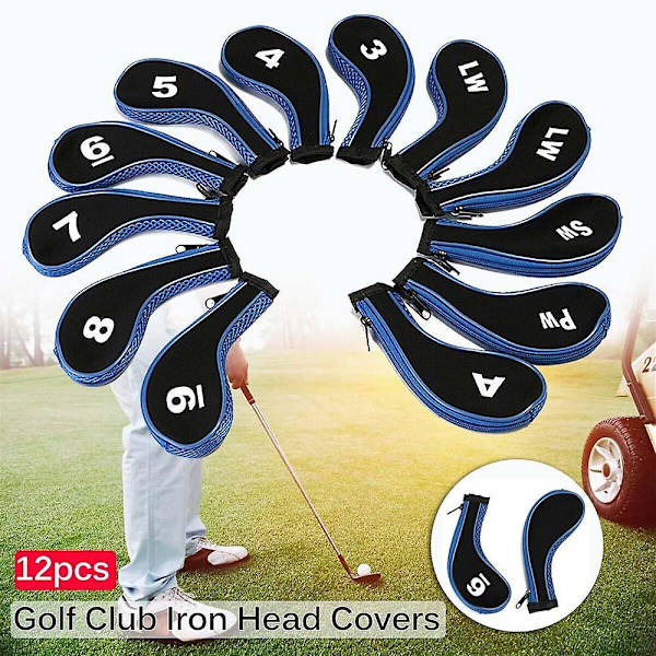 12 st Golfhuvudskydd Golfklubba Järn Skyddssats Med Nummer & Blixtlås Lång Hals White