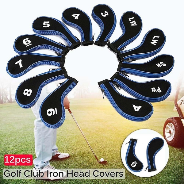 12st Golf Head Cover Golf Club Iron Protect Set med nummer & blixtlås lång hals Black