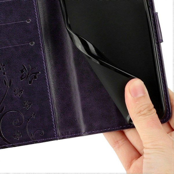 Læder Wallet Case med Sommerfugl og Blomster til Samsung Galaxy S25 Edge med Rem Multicolor Dark Purple