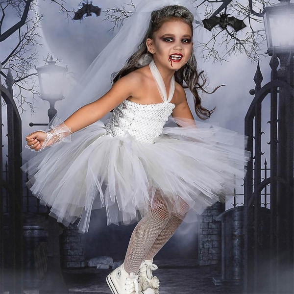 2-12 år Barn Jenter Ghost Bride Dress Veil Cosplay Kostyme Fancy Dress Klær Sett med hansker Halloween festgaver 8-9Y