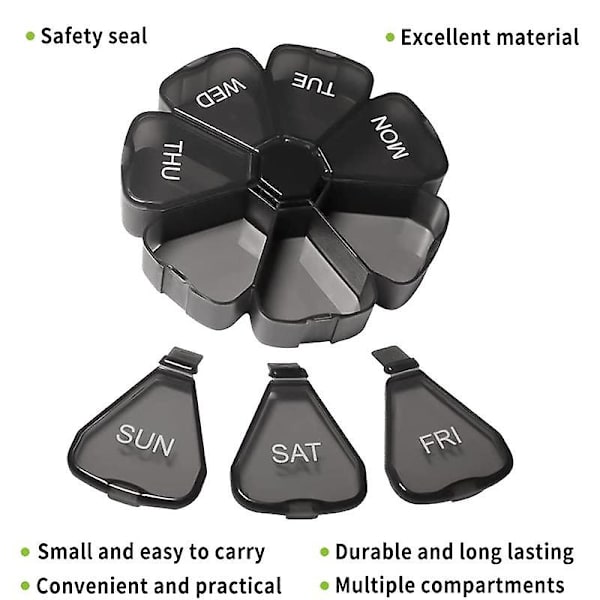 Ugentlig 7 Dages, Daglig Pilleæsker, Pilleboks, Pilleholder, Pille Dispenser, Rejse Sort