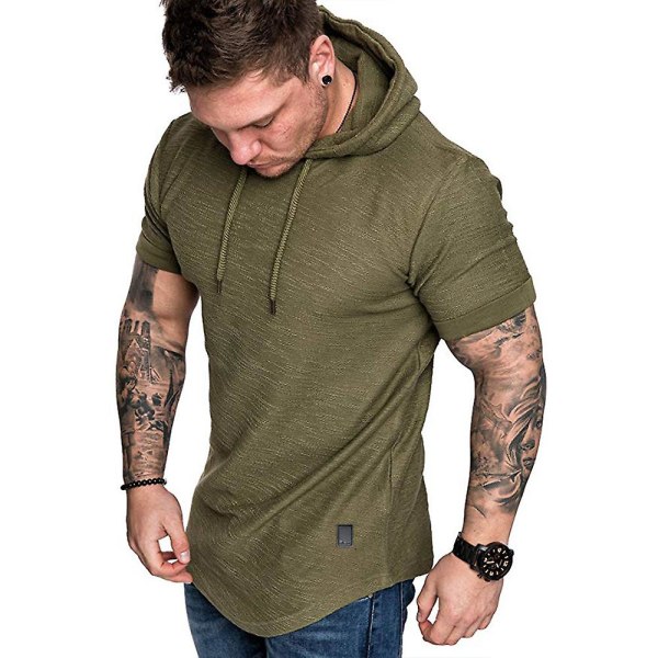 Herre almindelig kortærmet hættetrøje T-shirt Sommer Casual Sports Hættetrøjer Toppe Army Green M