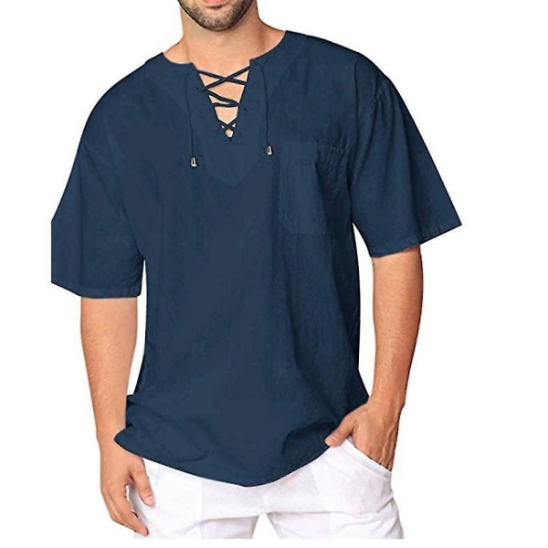 Herr T-shirt med Kort Ärm, Sommar Casual V-ringad Topp Navy Blue XL