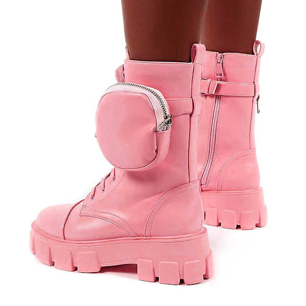 Dame Combat Ankelstøvler Chunky Platform Snørebånd Lynlås Biker Sko -ge Pink 41