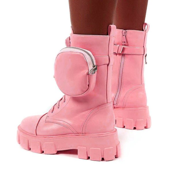 Kvinnor Combat Ankel Boots Chunky Platform Snörning Zip Biker Skor -ge Pink 42